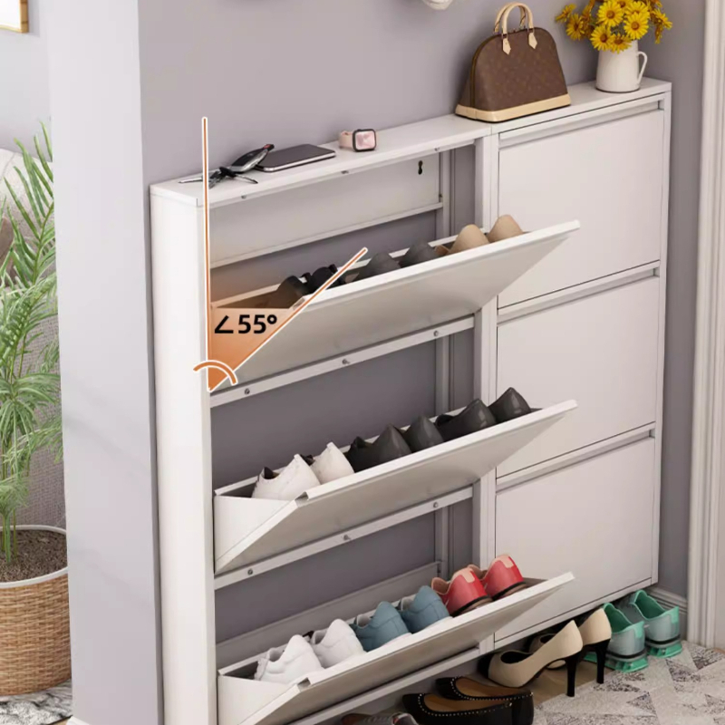 Shoe Rack Cabinet Narrow Entryway - モダンなスリムシューズキャビネット、玄関用大容量フリップダウンラック、廊下用防塵設計のコンパクトで狭い収納