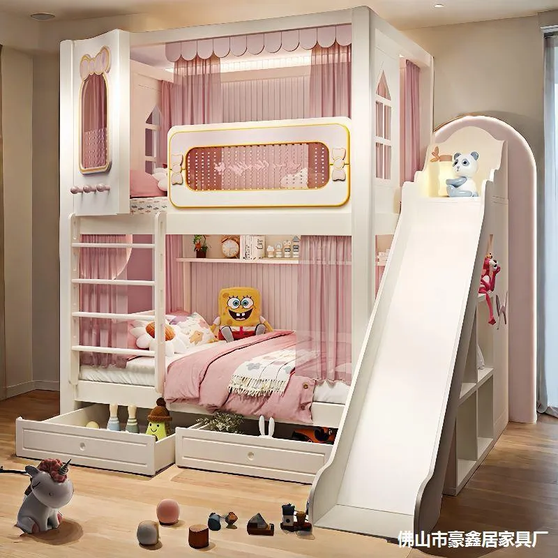 Bunk Bed With Stairs And Slide - 頑丈な二層式ガードレール付き姉妹ベッド、女の子用プリンセス子供用ベッド、二階建てダブル二段ベッド