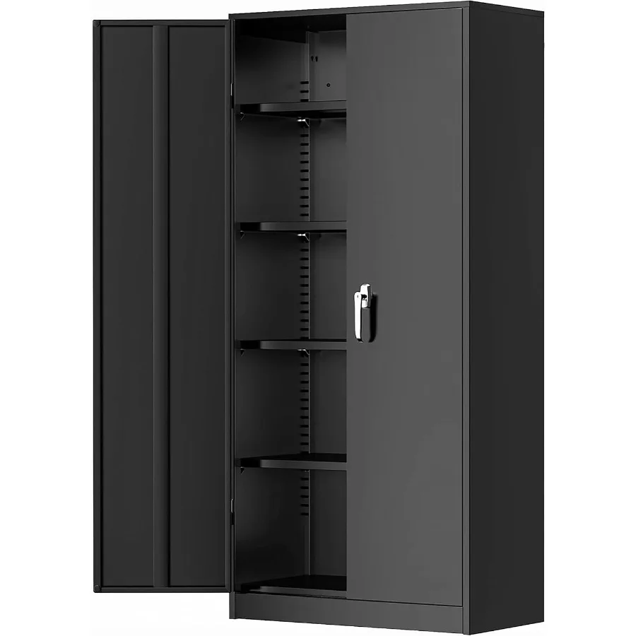 Storage - オフィス、家庭、ガレージ、学校で使用できる収納キャビネット。素材は金属製。色は黒。サイズは高さ72cm、幅36cm、奥行き18cm。扉が2つ、高さ調節可能な棚が4つ。