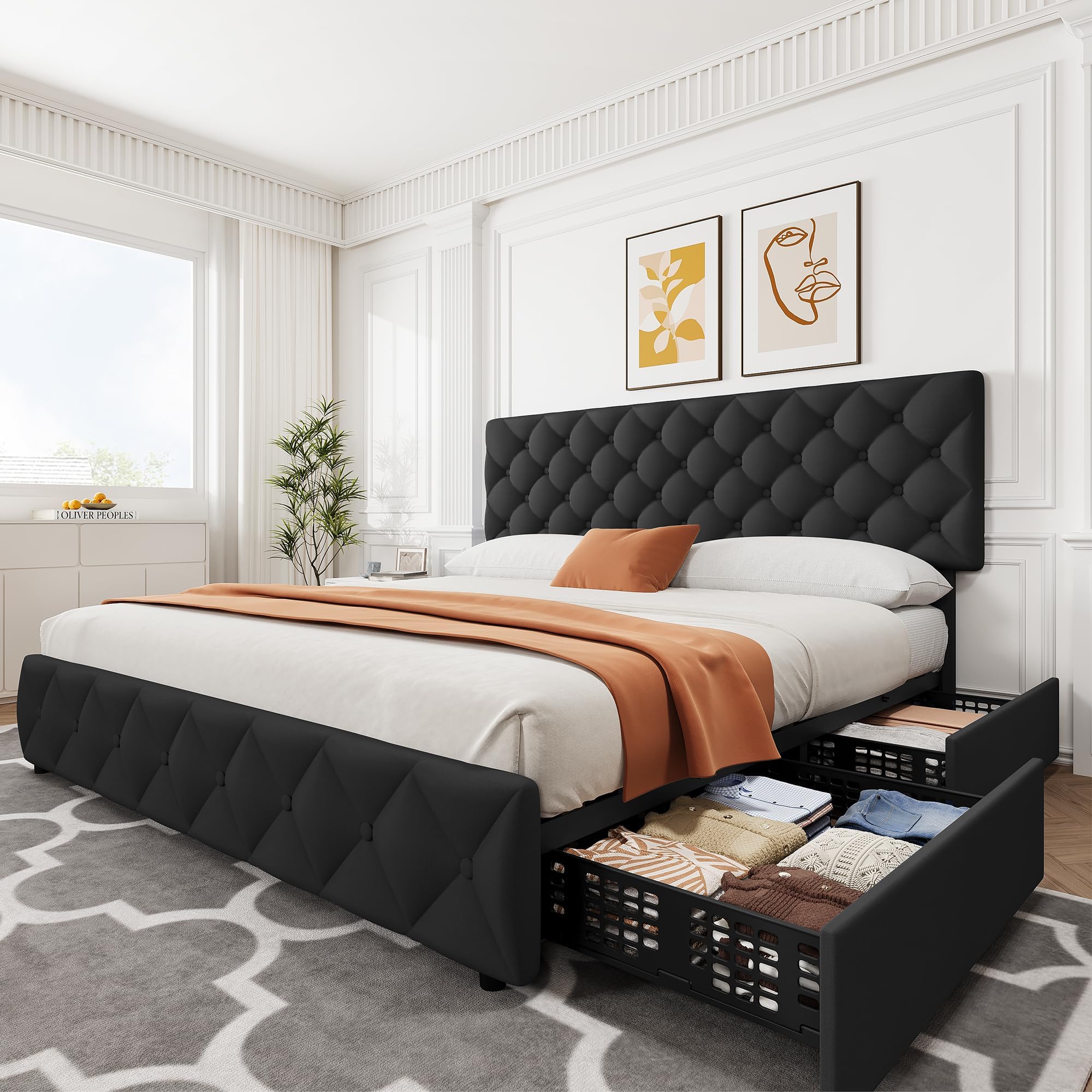 King Size Bed Frame With Storage Drawers - キングサイズのベッドフレーム。収納引き出し4つ付き、ヘッドボードは高さ調節可能。リネン生地で覆われたプラットフォームベッド。ダイヤモンドステッチ加工。