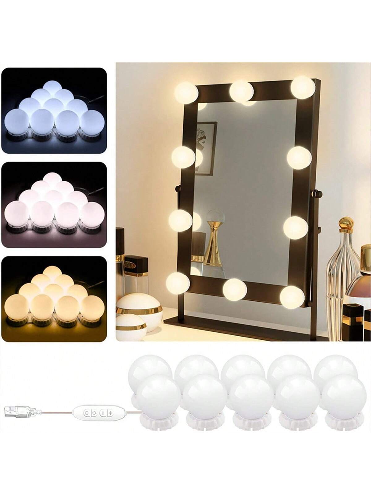 Dressing Table Vanity With Lighted Mirror - 新しい着脱式電球付きプロ仕様メイクアップミラーランプ。USB電源式で、化粧台やドレッサーに最適なハリウッド風LEDライト。