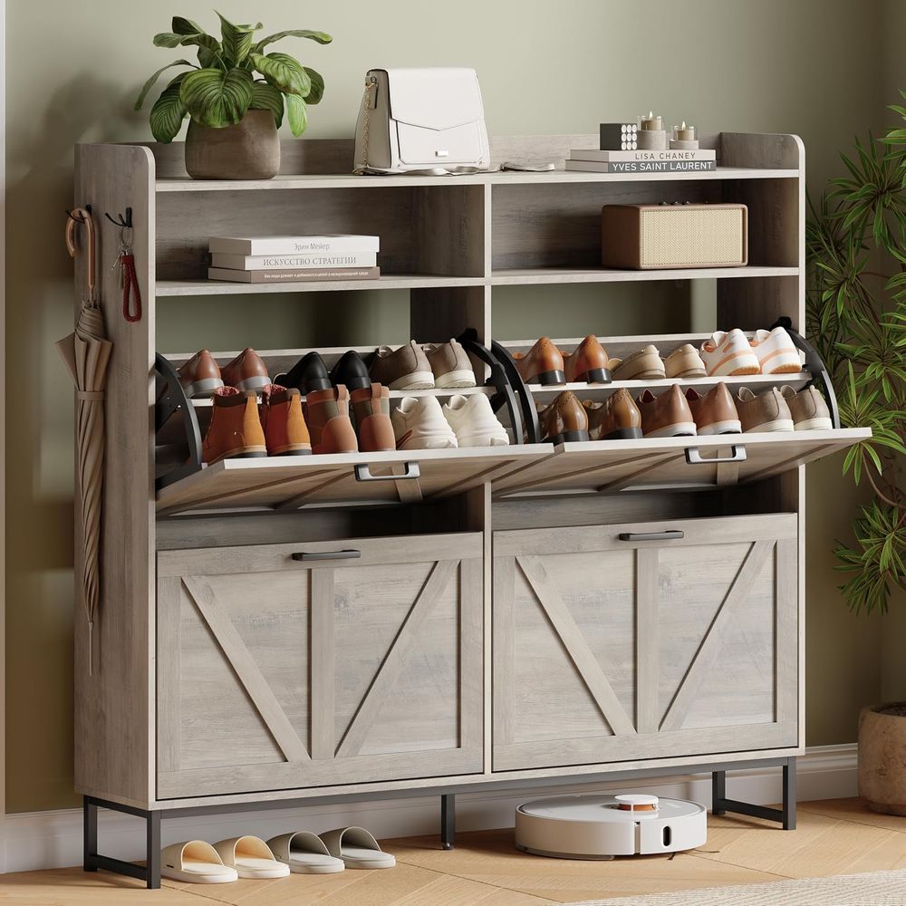 Shoe Rack Cabinet Narrow Entryway - 靴収納キャビネット 4リップデルス付き、玄関靴ラック、グレー | 狭いスリムな靴収納、自立型隠し木製靴オーガナイザー