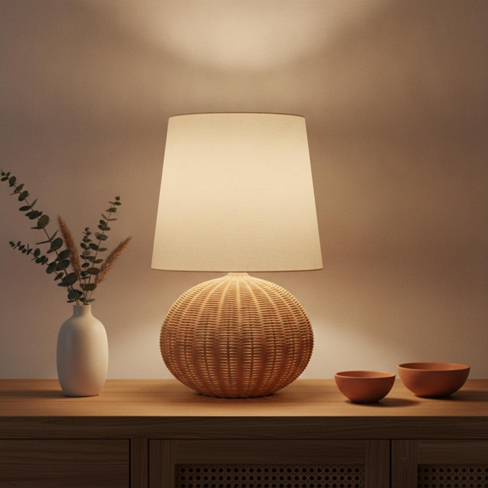 ベッドサイドランプ ラタンベース ファブリックシェード ナイ - Bedroom Furniture のレビューと価格