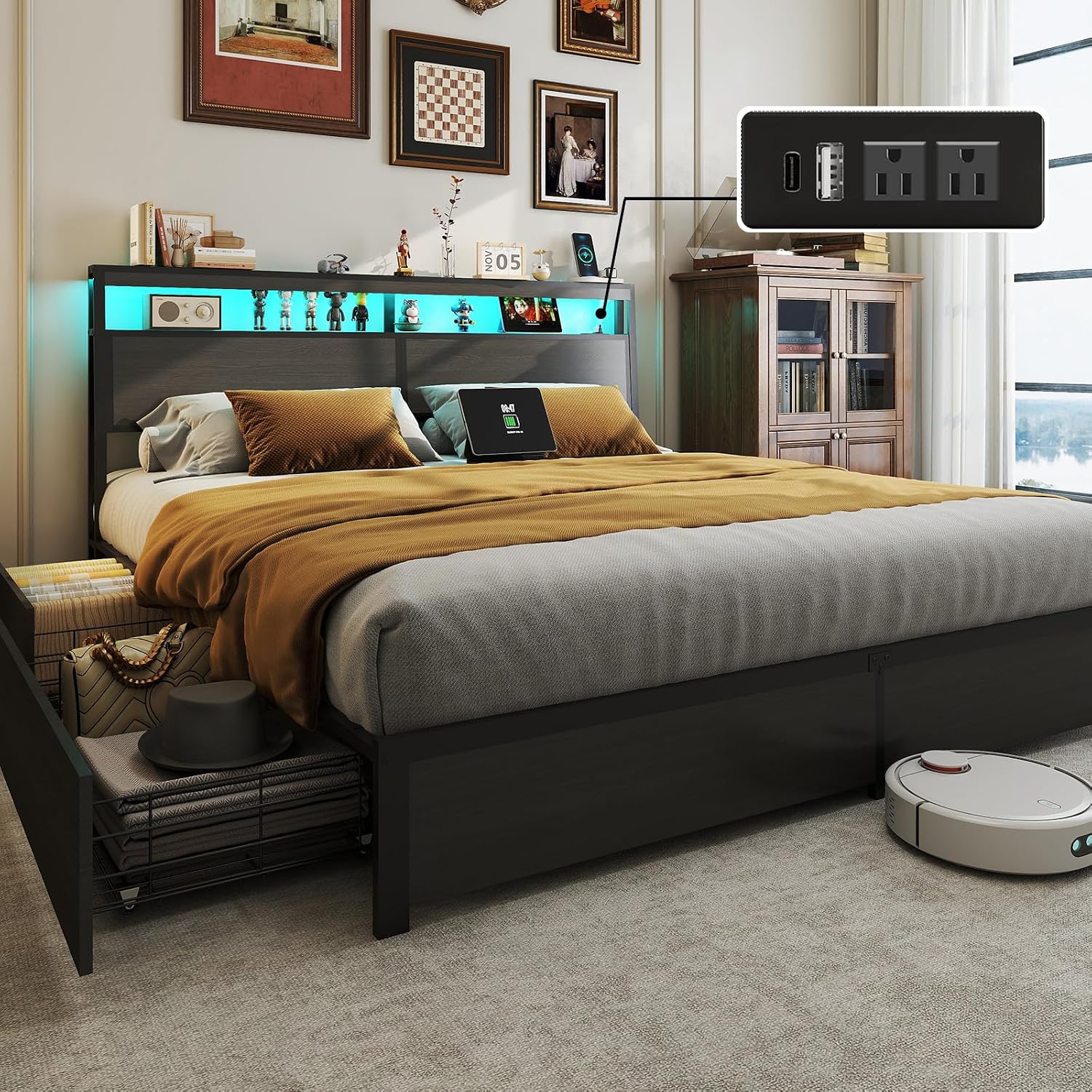 キングサイズベッドフレーム、LEDライト付きヘッドボードと4 - King Size Bed Frame With Storage Drawers のレビューと価格