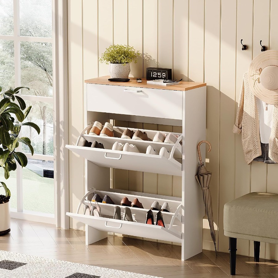 玄関用の靴収納キャビネット、白、小型、スリムな靴棚、幅25イ - Shoe Rack Cabinet Narrow Entryway のレビューと価格