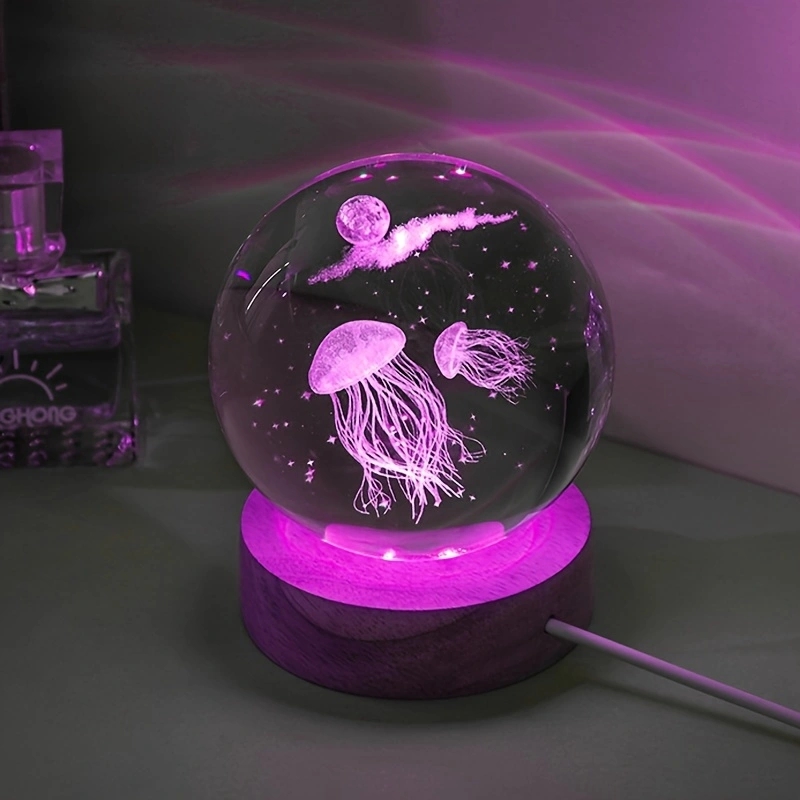 3D クラゲレーザー彫刻クリスタルボール LED ナイトライ - Floating Nightstand With Led Light のレビューと価格