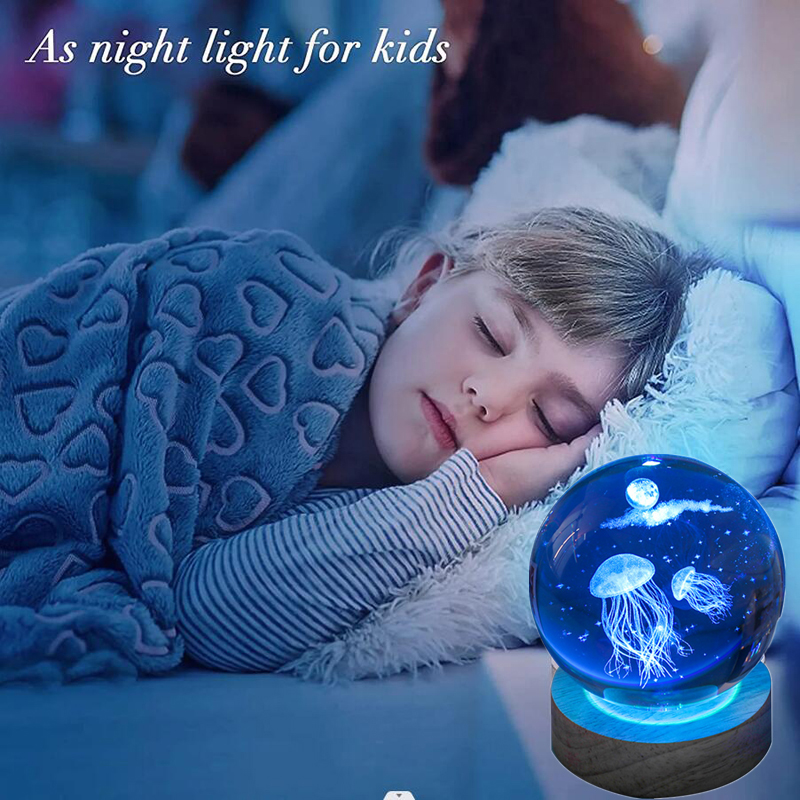 3D クラゲレーザー彫刻クリスタルボール LED ナイトライ - Floating Nightstand With Led Light のレビューと価格