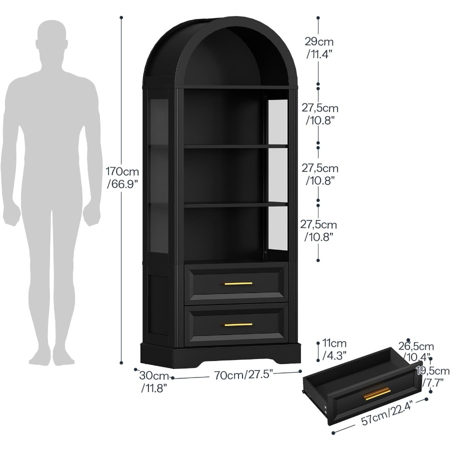 展示用キャビネット、背の高いアーチ型の本棚（引き出し2つ付き - Storage のレビューと価格