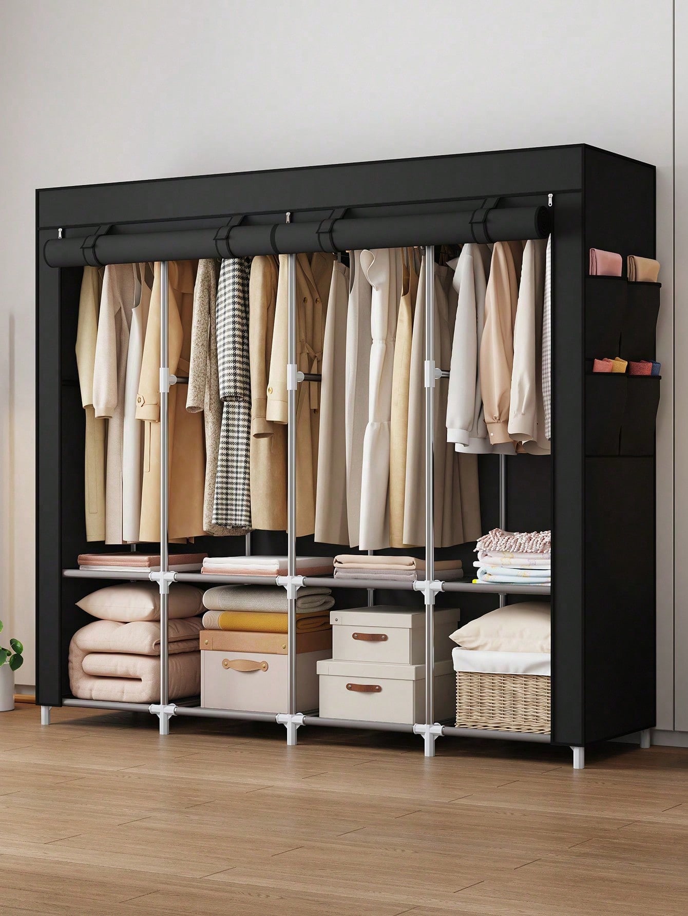 大型ポータブルクローゼットワードローブ、モダンな黒い布製衣類 - Wardrobe Closet Portable Fabric Cover のレビューと価格