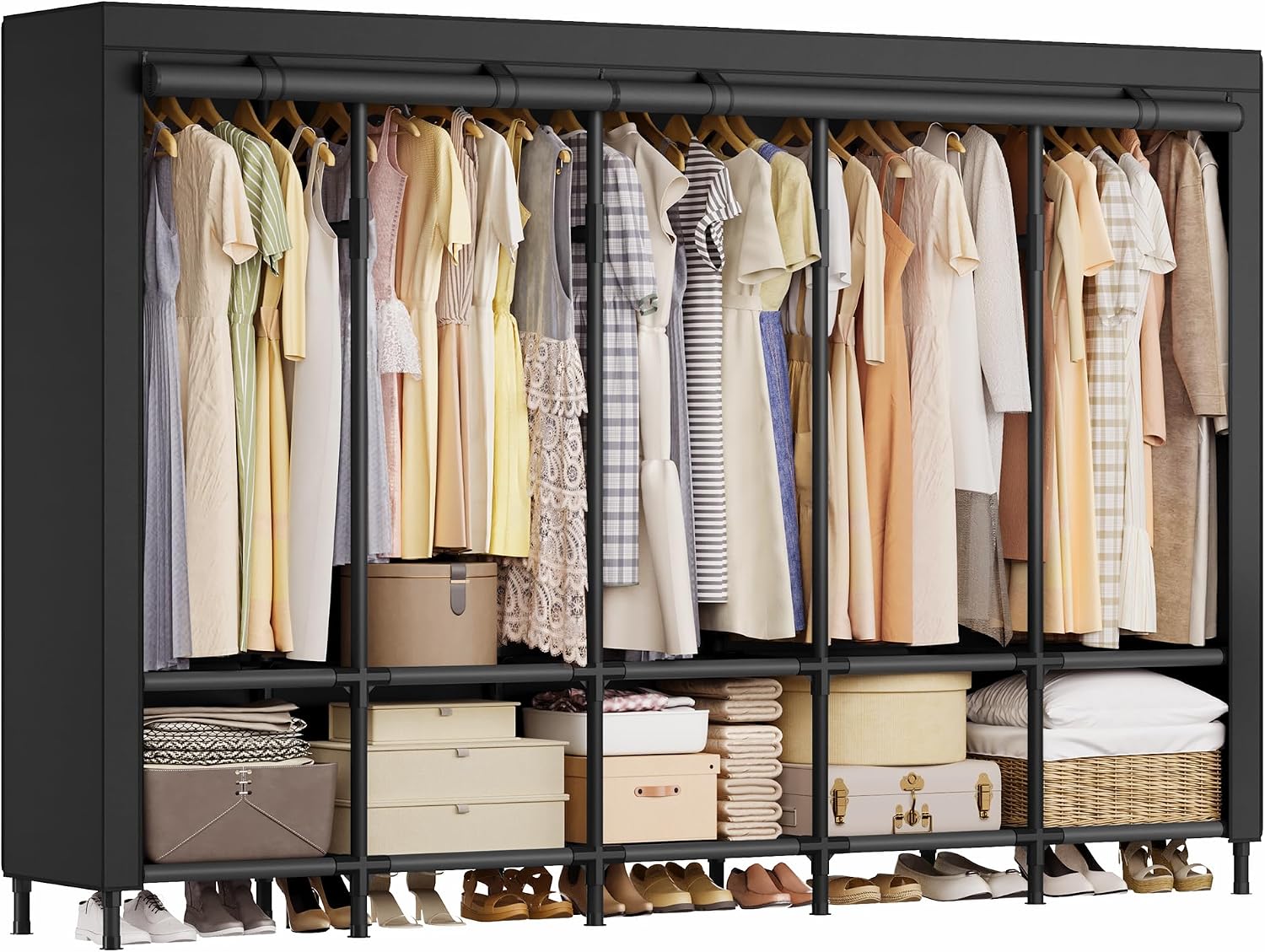 ポータブルワードローブクローゼット 83.5インチ、5本のハ - Wardrobe Closet Portable Fabric Cover のレビューと価格